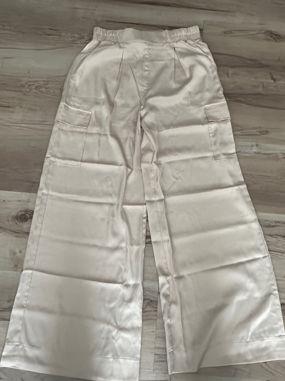 Wide Leg Satin Cargo Pants - Cream
